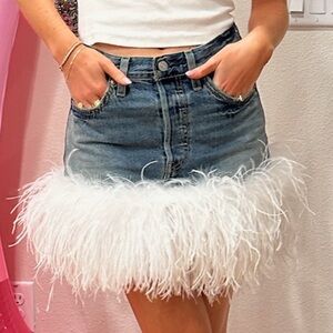 Feather-trimmed denim mini skirt - custom made with 100% ostrich feathers - 24/0